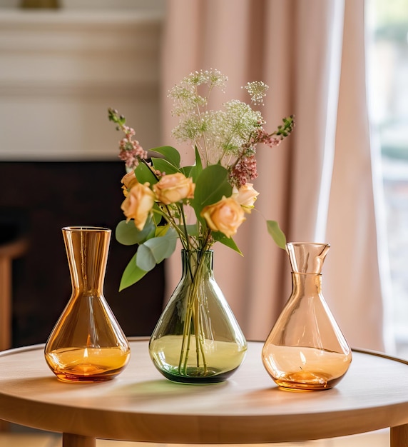 Beautiful fresh orange flowers bouquet in crystal glass vase on table in warm sunset sun lights