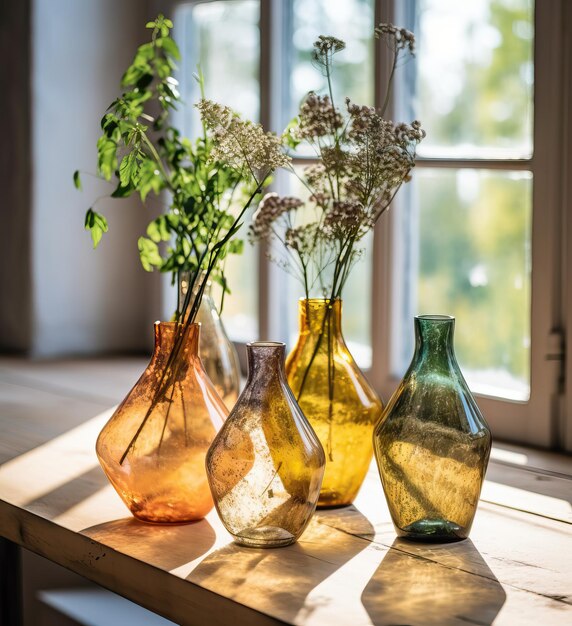 Beautiful fresh orange flowers bouquet in crystal glass vase on table in warm sunset sun lights