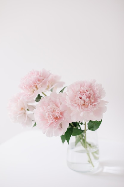 Beautiful fresh pink peonies in a vase at home interior