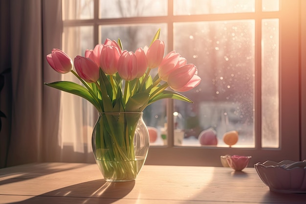 Beautiful fresh pink tulips bouquet in green glass vase on table in warm sunset sun lights against balcony window in cozy home interior Blooming flowers decoration in living room provence style