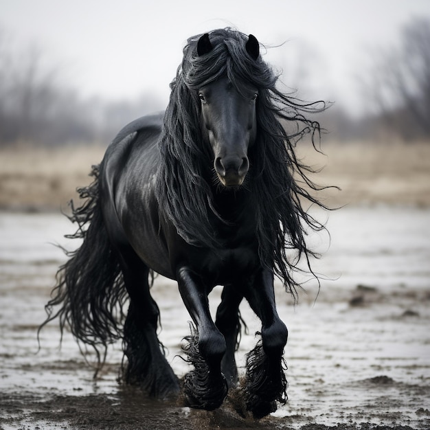 Photo a beautiful friesian horse with long flowing mane and tail galloping through the water