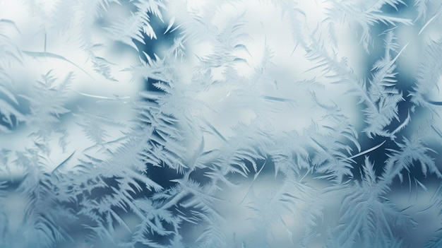 Beautiful frosty winter pattern on glass with blurred night on background behind