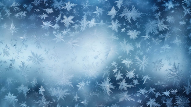 Beautiful frosty winter pattern on glass with blurred night on background behind