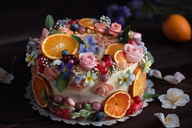 Beautiful fruit cake decorated with delicate flowers and ribbons created with generative ai