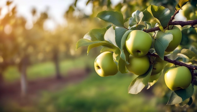 Beautiful Fruit farm with apple trees Branch with natural apples on blurred background