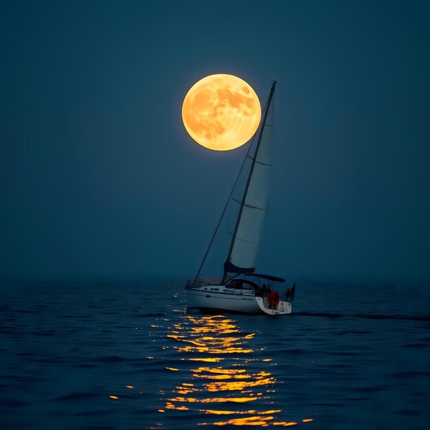 Photo beautiful full moon over the water sailing boat at sunset