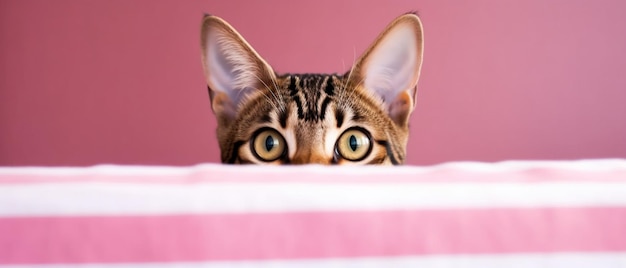 Beautiful funny bengal cat peeks out from behind a pink table copy space on left