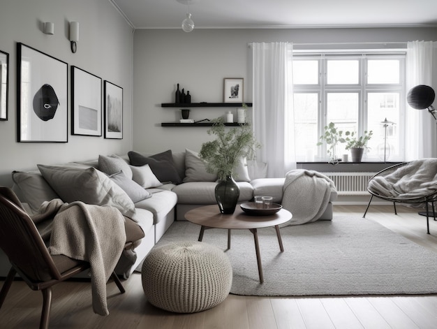 Beautiful furnished scandinavian living room interior with morning light Generative AI