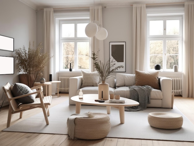 Beautiful furnished scandinavian living room interior with morning light Generative AI