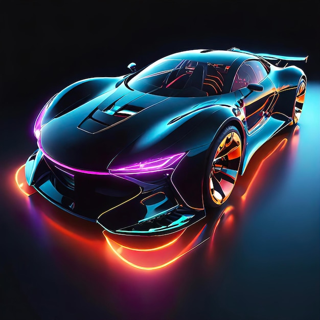 Beautiful futuristic abstract car design with neon lighting on a dark background illustration