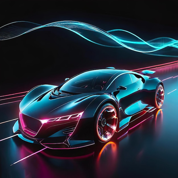 Beautiful futuristic abstract car design with neon lighting on a dark background illustration