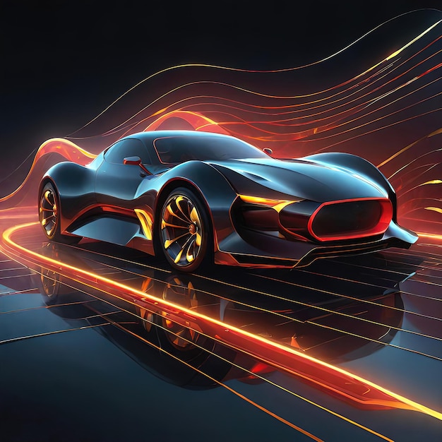 Beautiful futuristic abstract car design with neon lighting on a dark background illustration