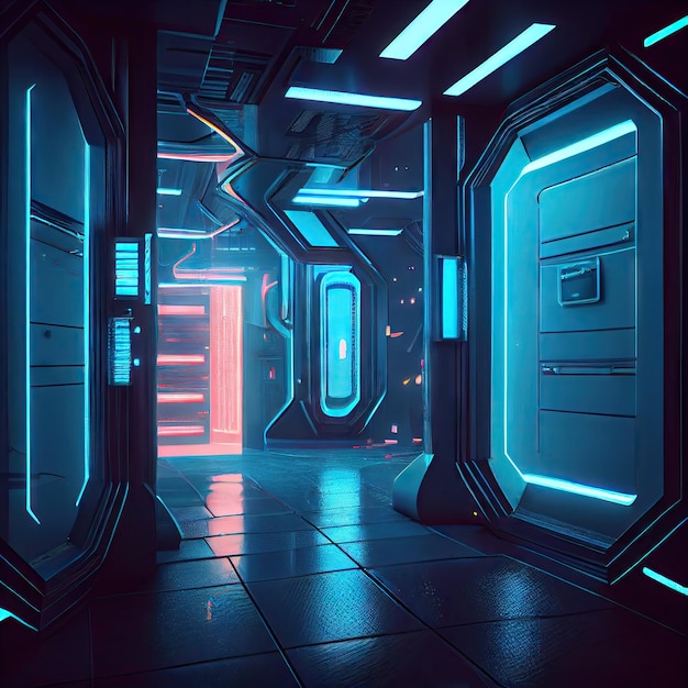 Beautiful futuristic space with neon lights scifi futuristic interior created with generative ai