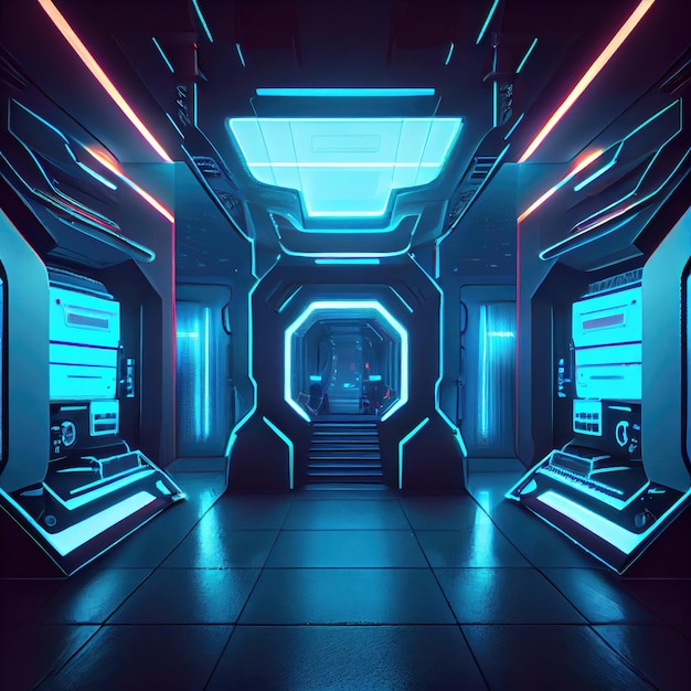 Beautiful futuristic space with neon lights scifi futuristic interior created with generative ai