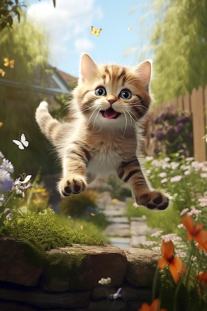 in a beautiful garden a kitten leaping and jumping in air