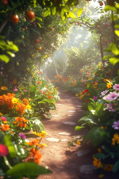 Beautiful garden a path with colorful flowers dreamy background