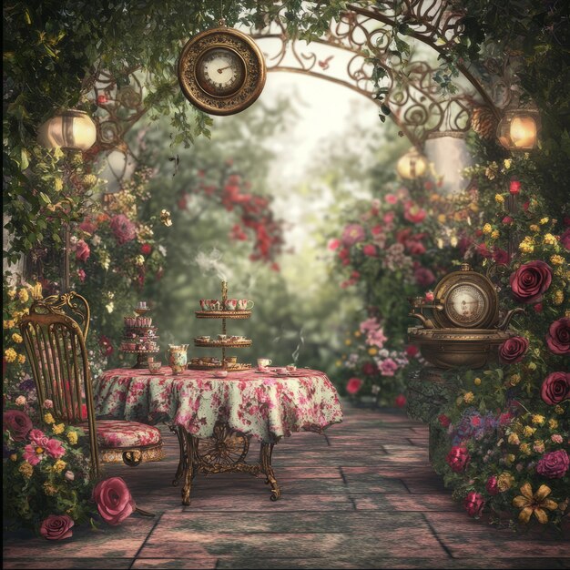 Photo a beautiful garden setting with a floral table clock and lush greenery