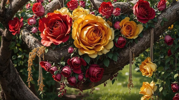 Beautiful garden with big tree background and red and yellow rose flowers