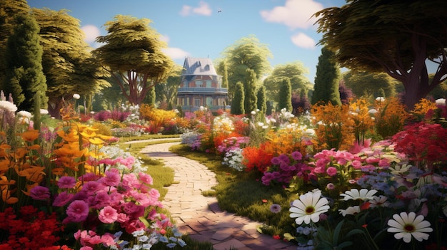 Beautiful garden with colorful flowers and green Generative AI