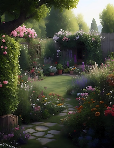 Beautiful garden with hydrangeas in Brittany ai generated