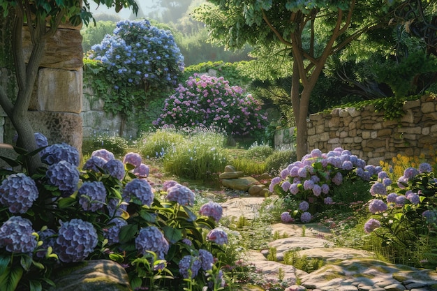 Beautiful garden with hydrangeas in Brittany