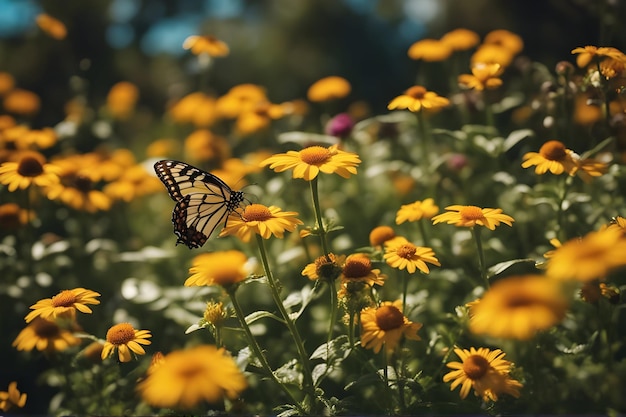 A beautiful garden with sun flowers and butterflies flying around