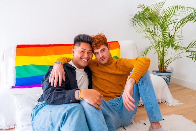 Beautiful gay couple being romantic at home together on sofa lgbt concept