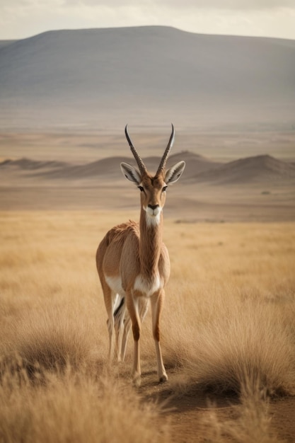 A beautiful gazelle looks into the camera against the background of the Ethiopian plains mountains and nature