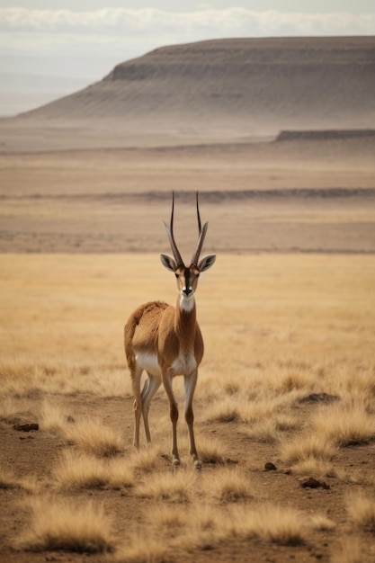 A beautiful gazelle looks into the camera against the background of the Ethiopian plains mountains and nature