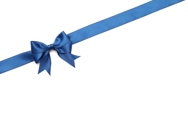 Beautiful gift blue bow with ribbon isolated on white background.