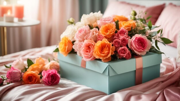 Beautiful gift box flowers in the bedroom