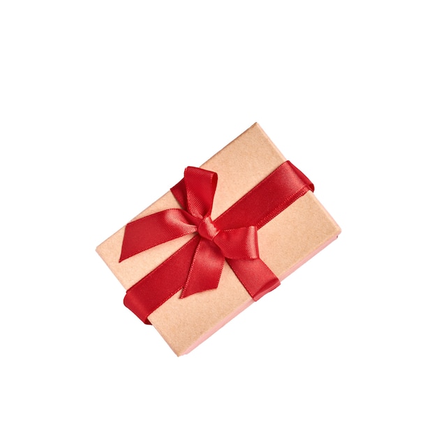 Beautiful gift box with red ribbon isolated on white. Valentine day greeting card.