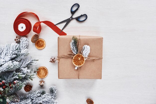 Beautiful gift boxes. Top view of christmas festive frame with new year decorations.