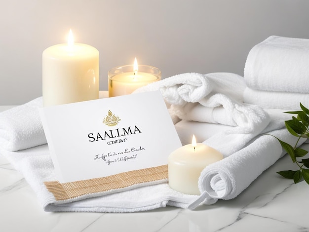 A beautiful gift certificate with the inscription Spa on a light background next to a candle and