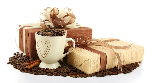 Beautiful gifts with bows and coffee grains isolated on white