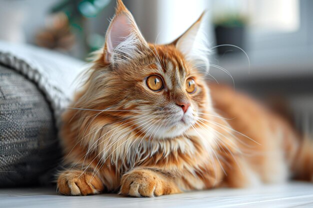 Beautiful ginger cat lying on the floor at home closeup