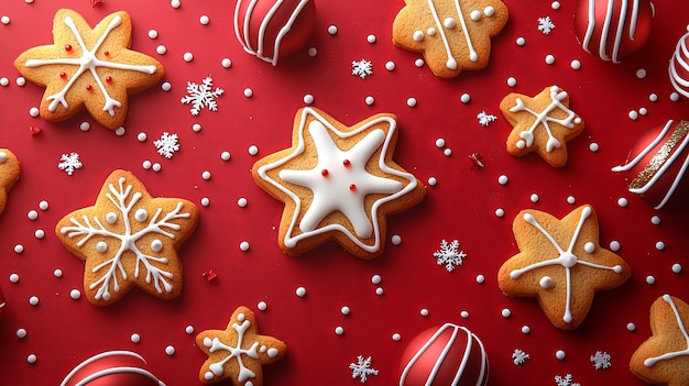 Photo beautiful gingerbread cookies on a festive red backdrop