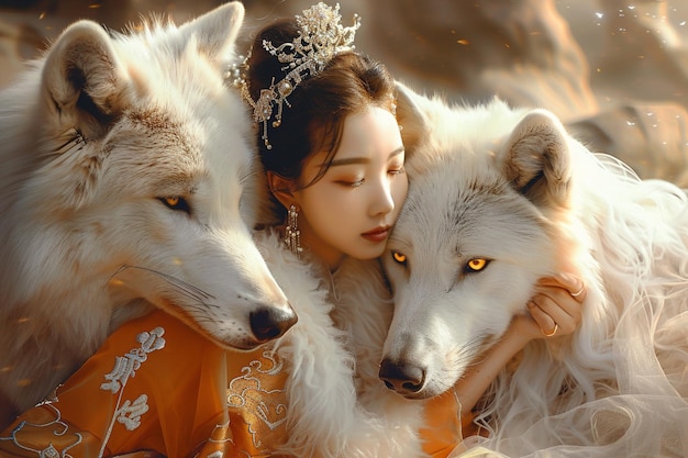 A beautiful girl in ancient Chinese costume wearing gold crown and silver earrings with white fur on her head is sitting next to two white huge wolves with golden eyes