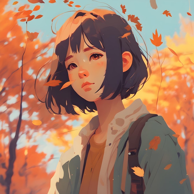 Beautiful girl in the autumn forest Illustration of a young woman in a coat Generative AI