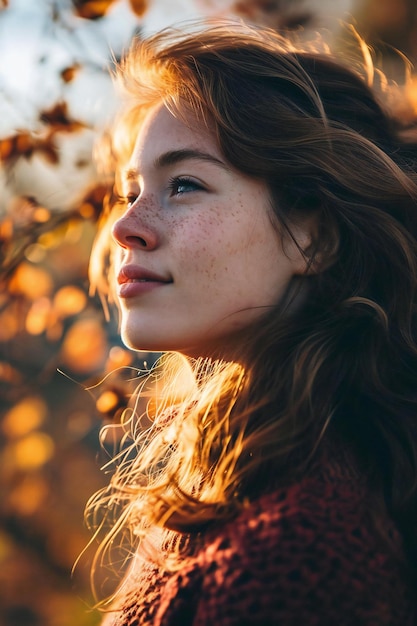 Beautiful girl in autumn park Portrait of a girl with freckles on her face