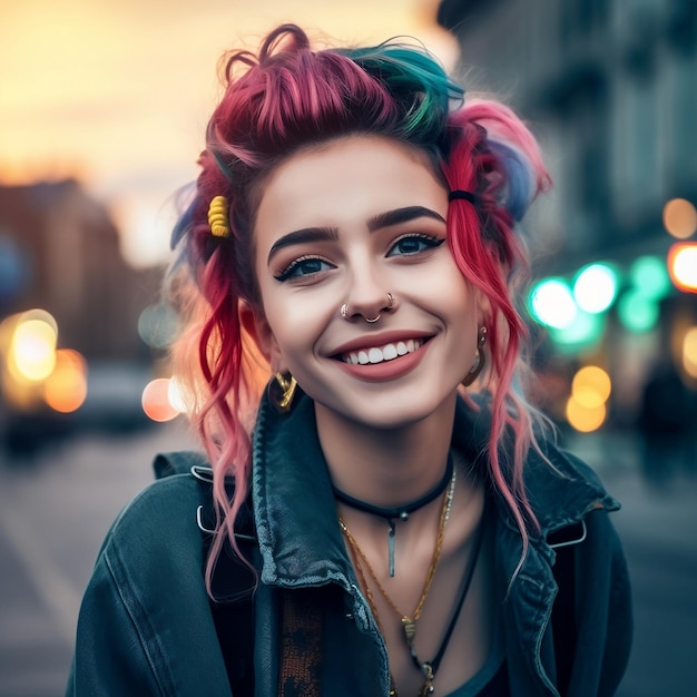 Beautiful girl on the background of the evening city Image generated by AI