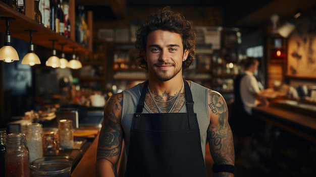 Beautiful girl barista at coffee shop with flawless skin tattoos on her breast and tank top GENERATE AI