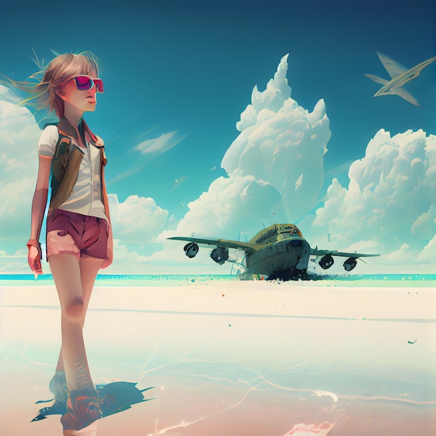 Beautiful girl on the beach near the plane 3d rendering