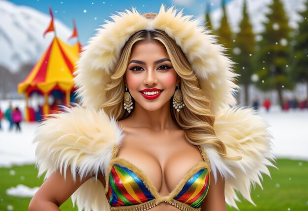 Beautiful girl blonde in a bathing suit and a fur coat on the background of a circus