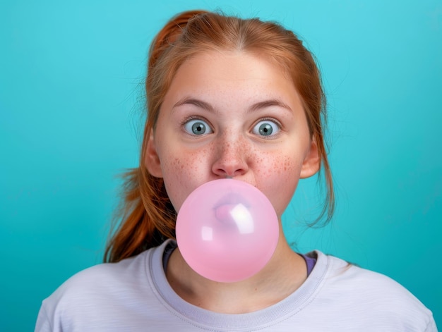 Photo beautiful girl blows a big bubble from chewing gum detailed face with beautiful face waisthigh shot