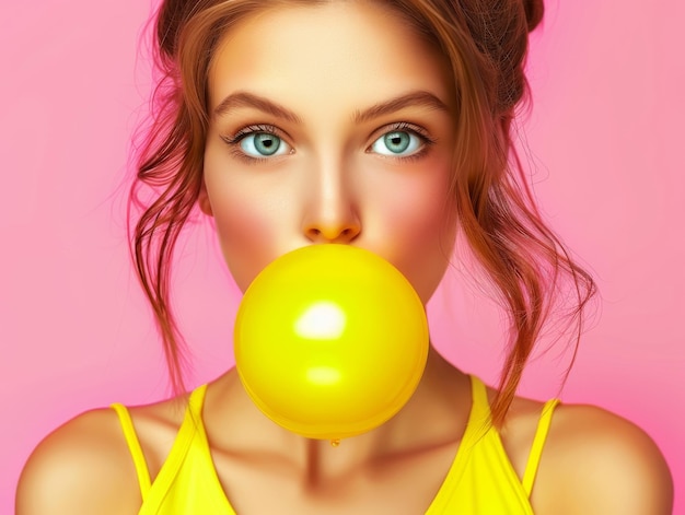 Beautiful girl blows a big bubble from chewing gum detailed face with beautiful face waisthigh shot