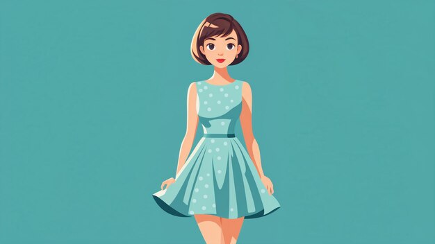 Photo beautiful girl in a blue dress vector illustration in cartoon style