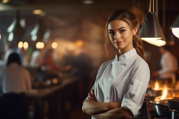 Beautiful girl chef ready to cook food in the kitchen at the restaurant