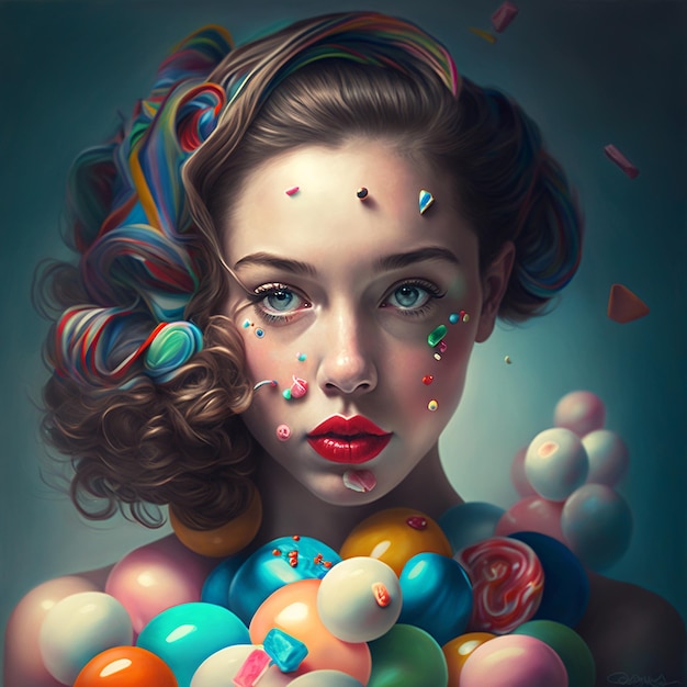 Beautiful girl among colorful candies