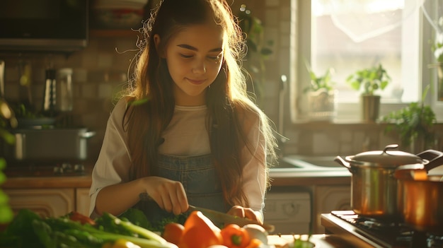 Photo a beautiful girl cuts vegetables soft light ar 169 style raw v 6 job id e4ce84a76ab543be808a9f7afa1585f6